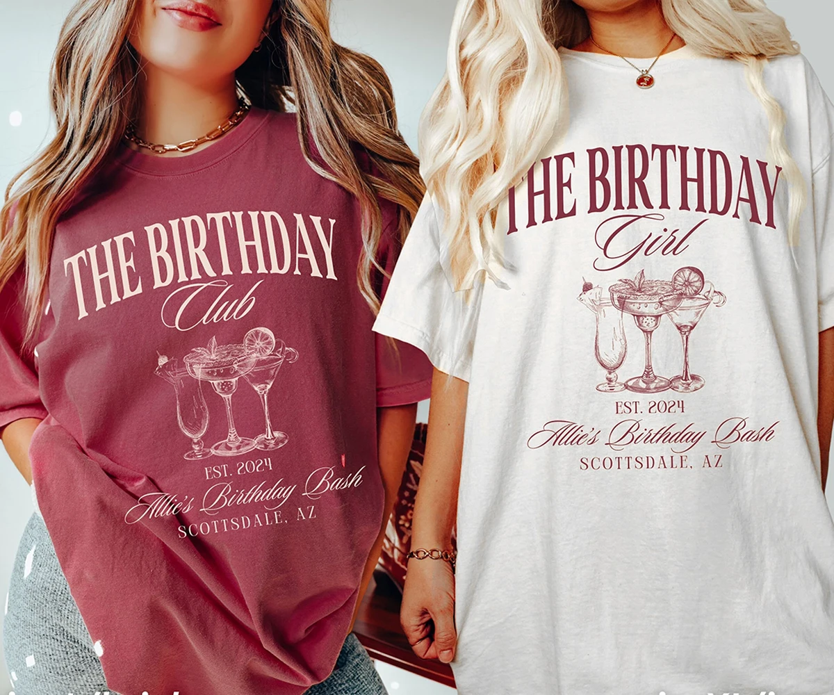 Benutzerdefinierte Geburtstagshemden der Geburtstagsklub Benutzerdefinierte Gruppenhemden Personalisierte Luxus-Geburtstags-lustiges Y2K-Top Tägliche trendige Streetwear