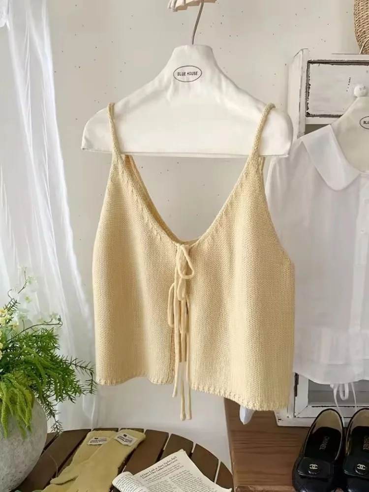 Korean V-Neck Tie Knitted Cardigan Tank Top Women's Spring Summer Double-Sided Wearable Vest  Casual Commute Outerwear