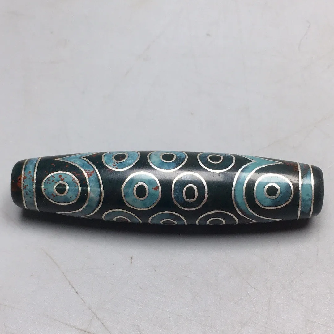 Tibetan Cinnabar Old Agate Dzi Inlaid Silver Wire 21 Eyes Bead Amulet 58mm S0528