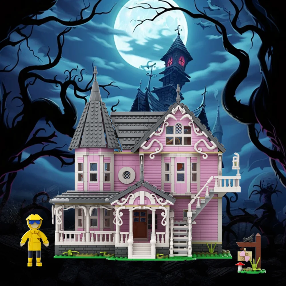 MOC horror Movie THE PINK PALACE Building Blocks Model CORALINESS Ghost House Bricks DIY Assembled Toy Halloween Children Gift