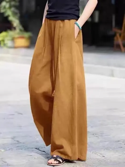 

Свободные хлопковые широкие брюки, женские летние утягивающие цветные повседневные брюки с высокой талией, удобные длинные брюки свободного покроя