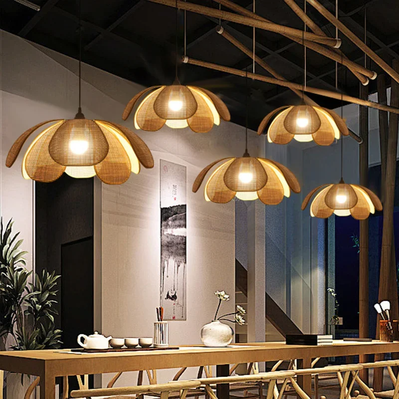 Shiyan Handwoven Rattan Petal Pendant Light Japanese Zen LED Chandelier for Living Dining Room Bedroom Boho Home Decor