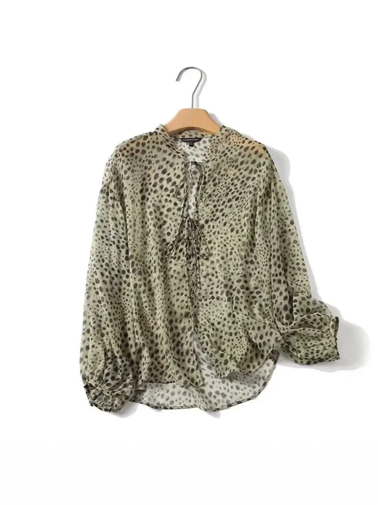 

Dave&Di Summer New Women's Casual Style Fashionable Ribbon Chiffon Leopard Print Shirt Woman Clothes Shirts