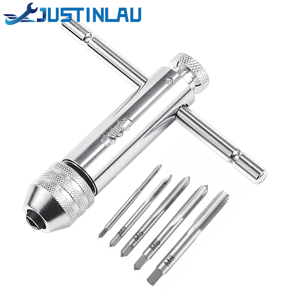 Adjustable Silver T-Handle Ratchet Tap Holder Wrench Set Hand Tools with 5pc M3-M8 Machine Screw Thread Metric Plug T-shaped Tap