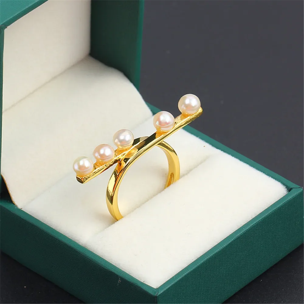 Domestic 14k gold plated colour preserving multi bead balance wood ring zircon pearl empty holder adjustable DIY accessory women