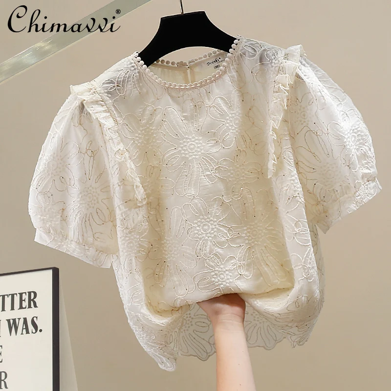 

Fashion Heavy Embroidery Flower Decoration Crew Neck Bubble Sleeve Short Sleeve Shirt Summer New Sweet Girl Loose Versatile Top