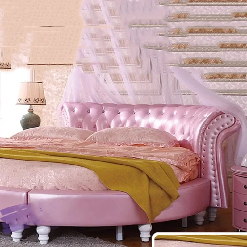 White wooden double large round bed Luxury Princess Sleep bedding leather design Nordic furniture camas dormitorio muebles