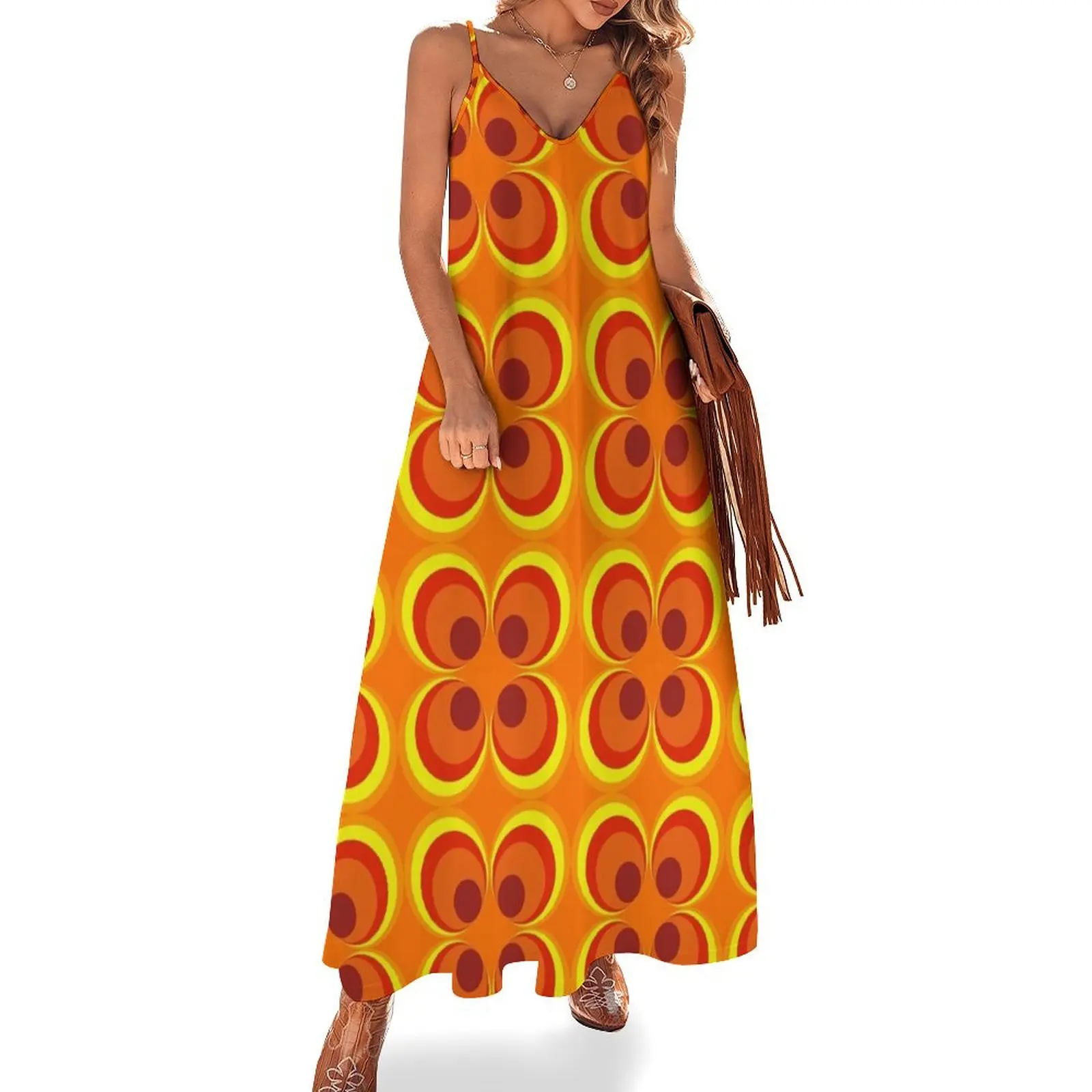 

1970s burnt orange retro design Sleeveless Long Dress Women's evening dress Women's summer suit Dress