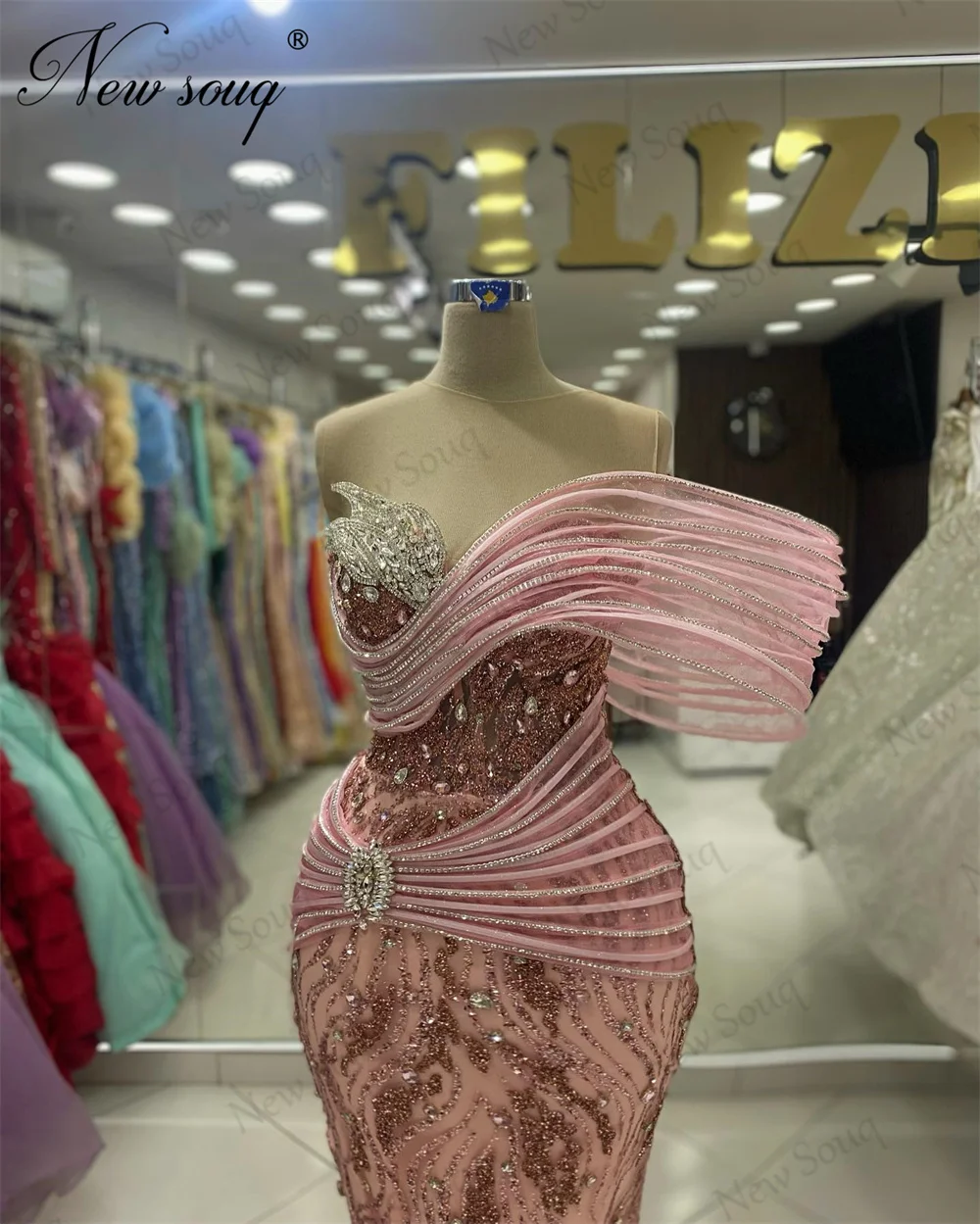 Pink Off Shoulder Celebrity Dresses Dubai Design Beaded Mermaid Evening Party Dress Kaftans Engagement Gowns Vestidos De Gala