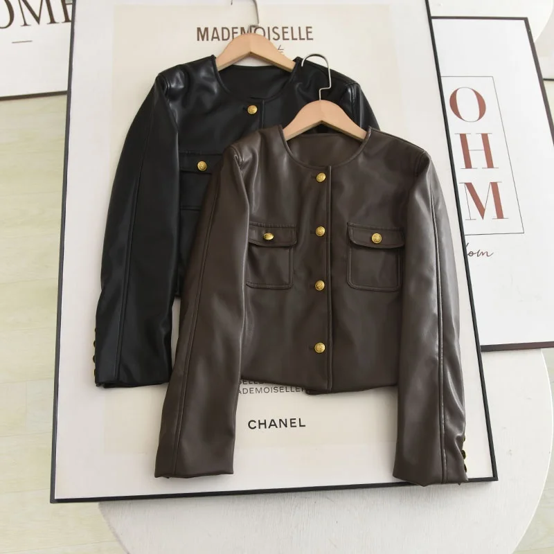 

2024 Autumn round Ne ort PU Leather Jaet Women's Double ket Versatile Slimming Cool Sle Faion Outerwear