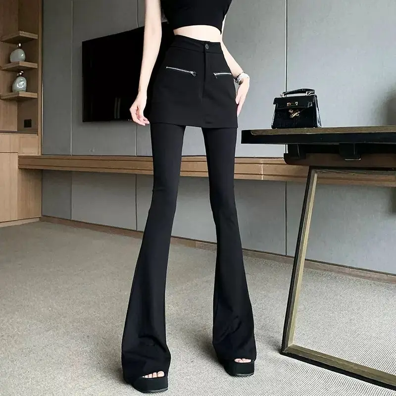 

Women's Spring Autumn New Fashion Solid Color Apron Pants Spliced Button Zipper Slim Casual High Waist Floor Length Flare Pants