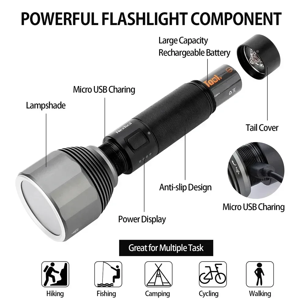 Bâle Tool-Lampe de poche LED aste, lampe torche étanche, lampe de bain, camping en plein air, 5000mAh, 2000strada, 380m, 5 modes, IPX7