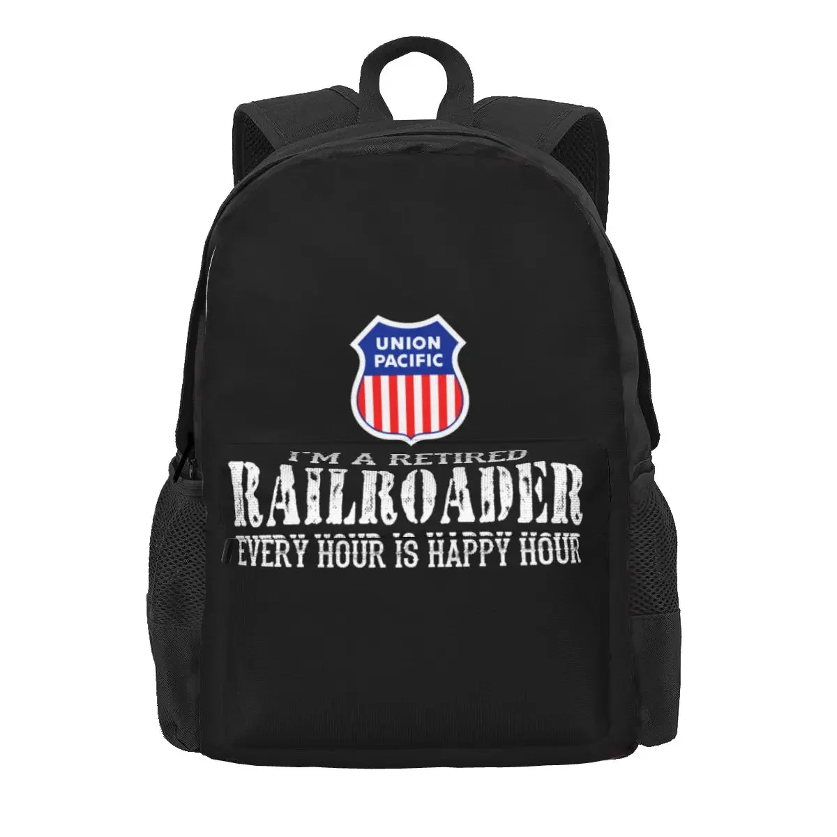 Union Pacific I'M A Retired Railroader Every Hour Is Happy Hour mochila de gran capacidad, estilo deportivo estampado