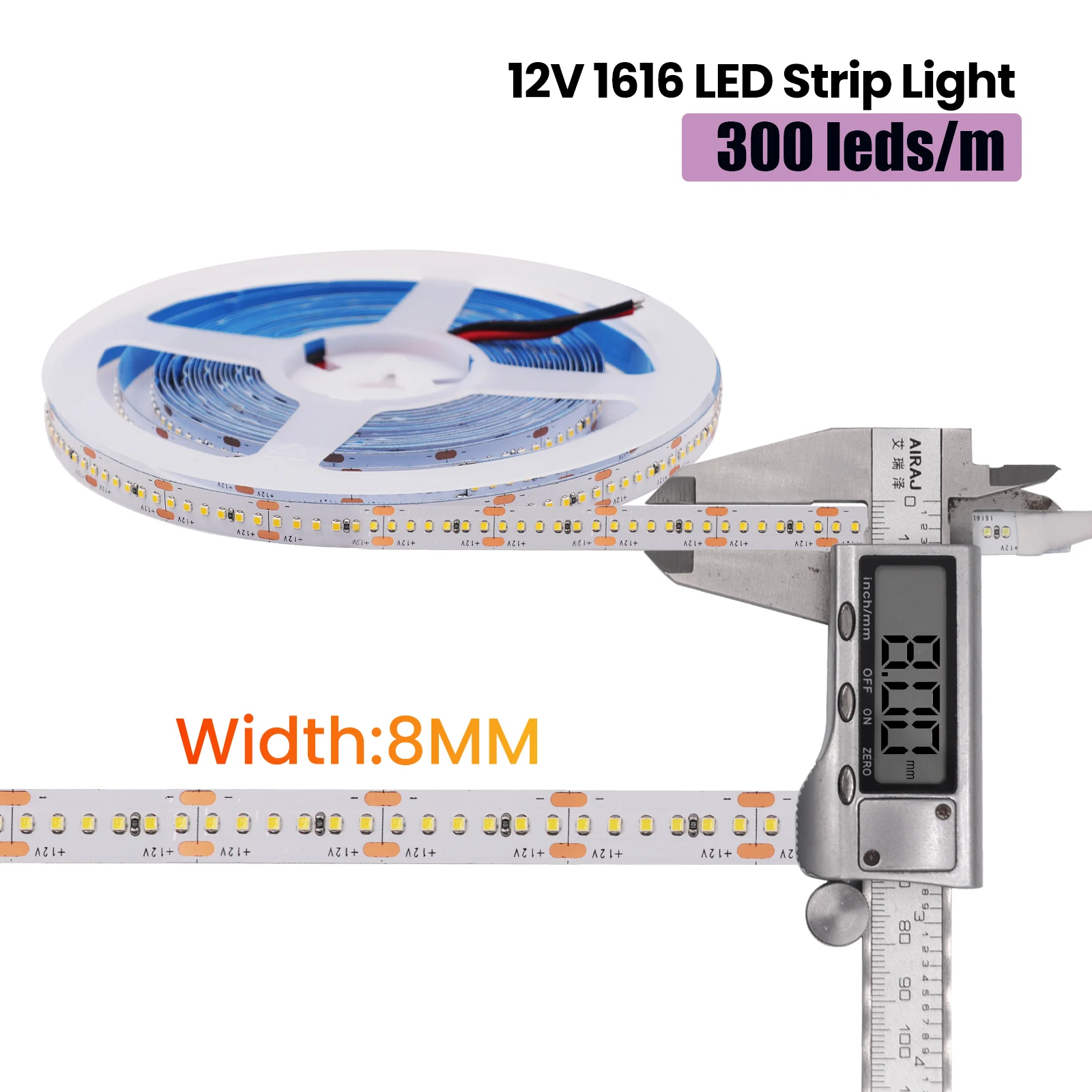 Tira de luces LED para decoración del hogar, cinta Flexible de 12V CC, SMD 1616, 240, 300LED/M, Blanco/blanco cálido, 5MM y 8MM de ancho