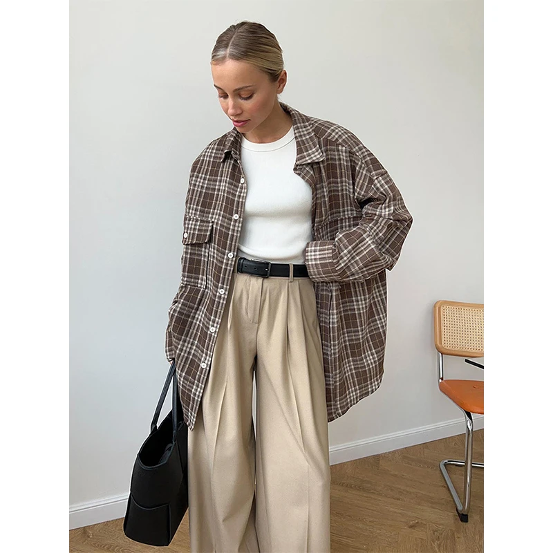 

2024 New Pattern American Retro Double Pocket Women's Checkered Shirt Autumn Long Sleeved Top Loose Casual Autumn Women's Shirt