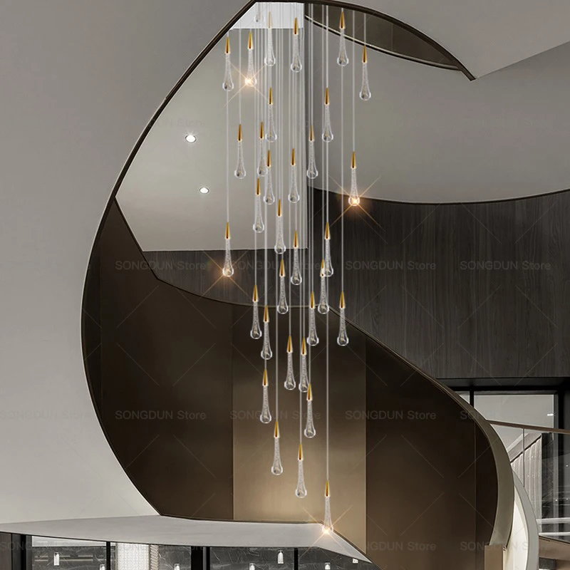 

Duplex Stair Chandelier Modern Light Luxury Creative Drop Light Villa Apartment Loft Hollow Rotating Crystal Long Chandelier