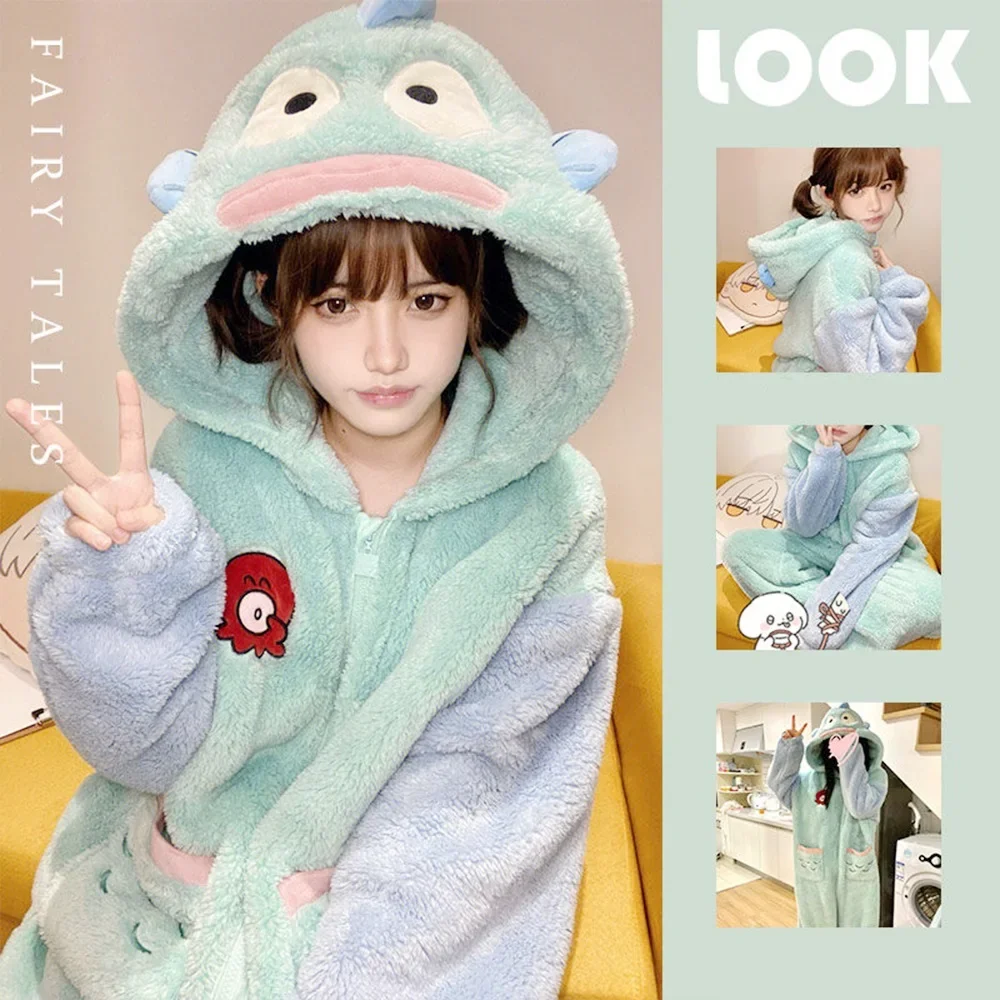 Sanrio Hangyodon Plush One-piece Pajamas Hooded Jumpsuit Cartoon Pajamas Anime Kawaii Coral Fleece Loungewear Thickened Pajamas