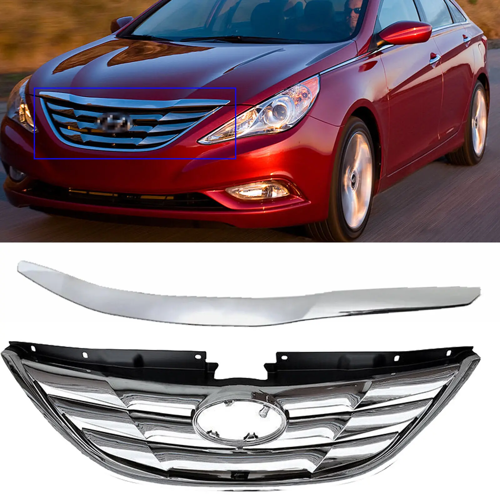 For Hyundai Sonata Sedan 2011 2012 2013 Front Grille Chrome Cover Molding Trim -