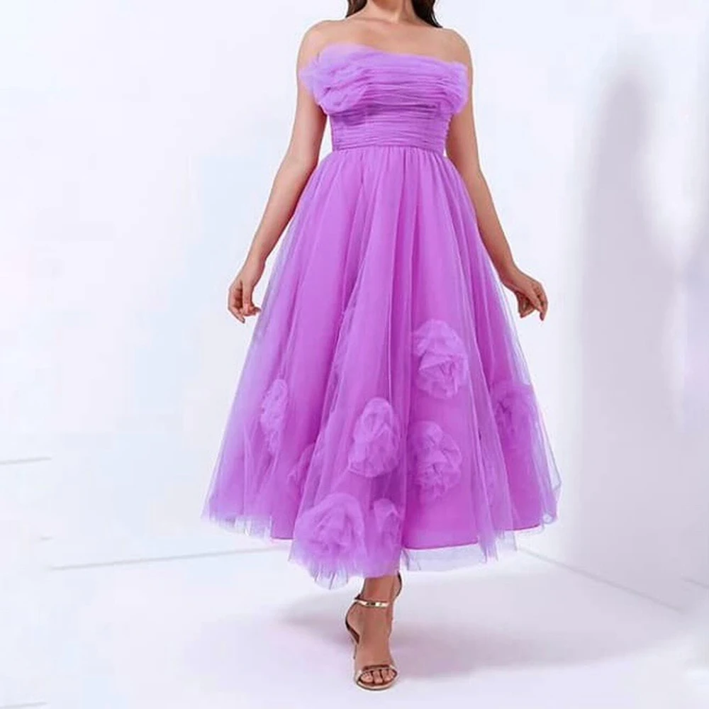 

Customized A-line Evening Dresses Tea-length Strapless Sleeveless Prom Gown Fashion Flowers Simple Draped Backless Party Gown