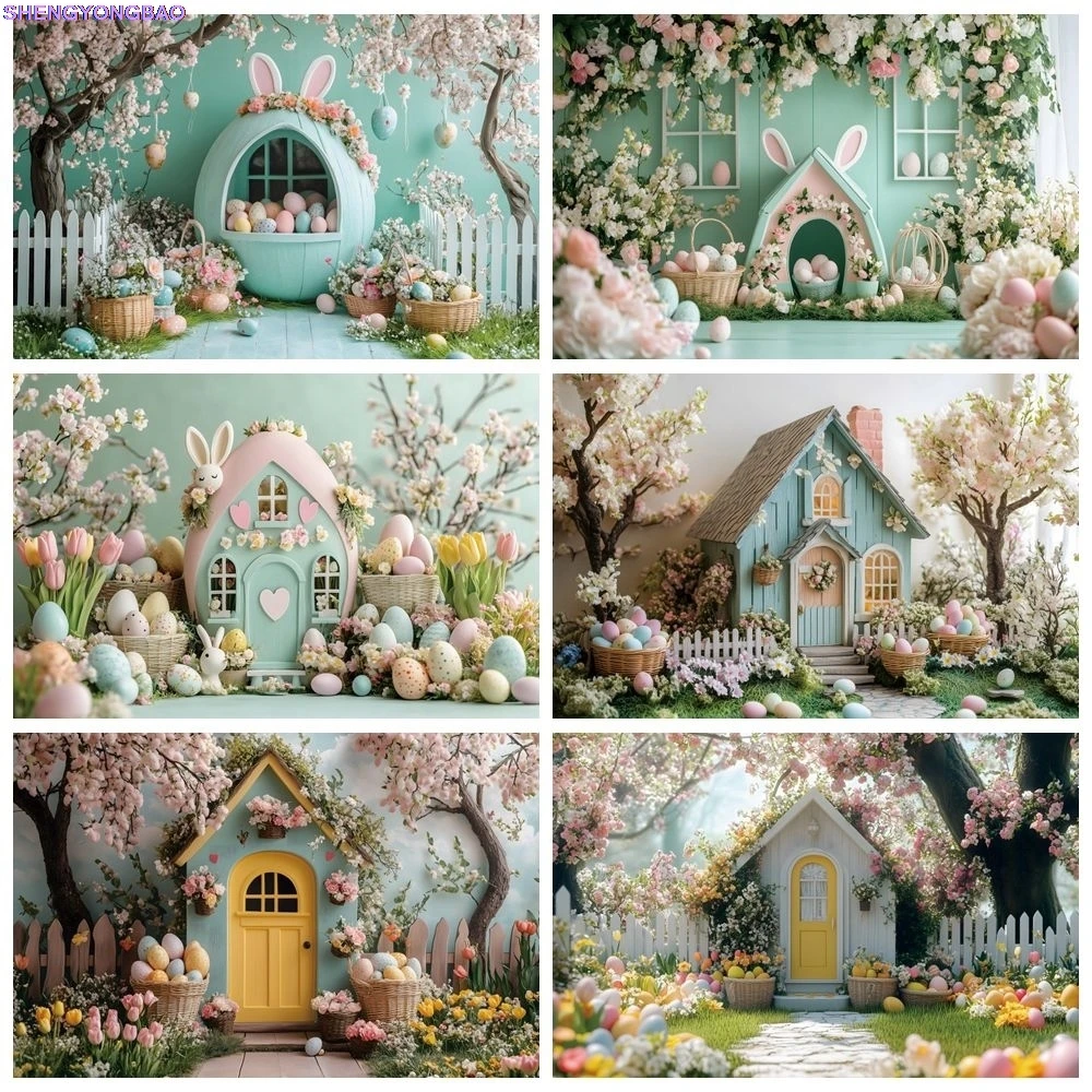 

Spring Easter Backdrop for Photography Flowers Bunny Eggs Newborn Baby Shower Birthday Party Kids Photo Background Photo Studio