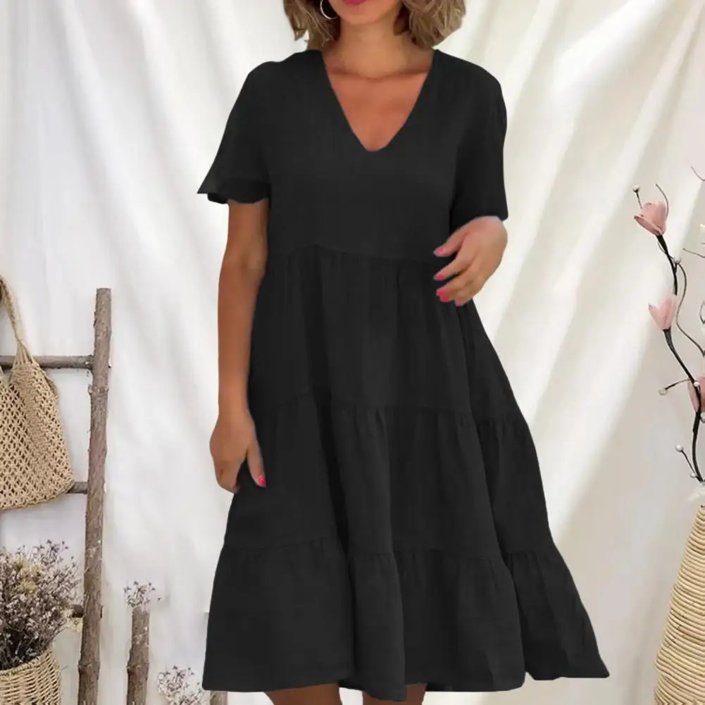 Lady Midi Dress Flattering V-neck A-line Swing Dress Stylish Patchwork Hem Short Sleeves Loose Fit for Dating Commute Solid