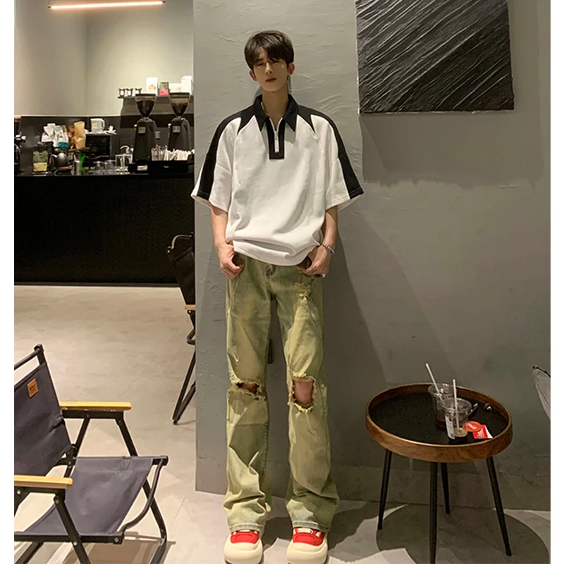 

Мужская летняя футболка Color Block с коротким рукавом, на молнии, плотная, в американском ретро-стиле, для пар