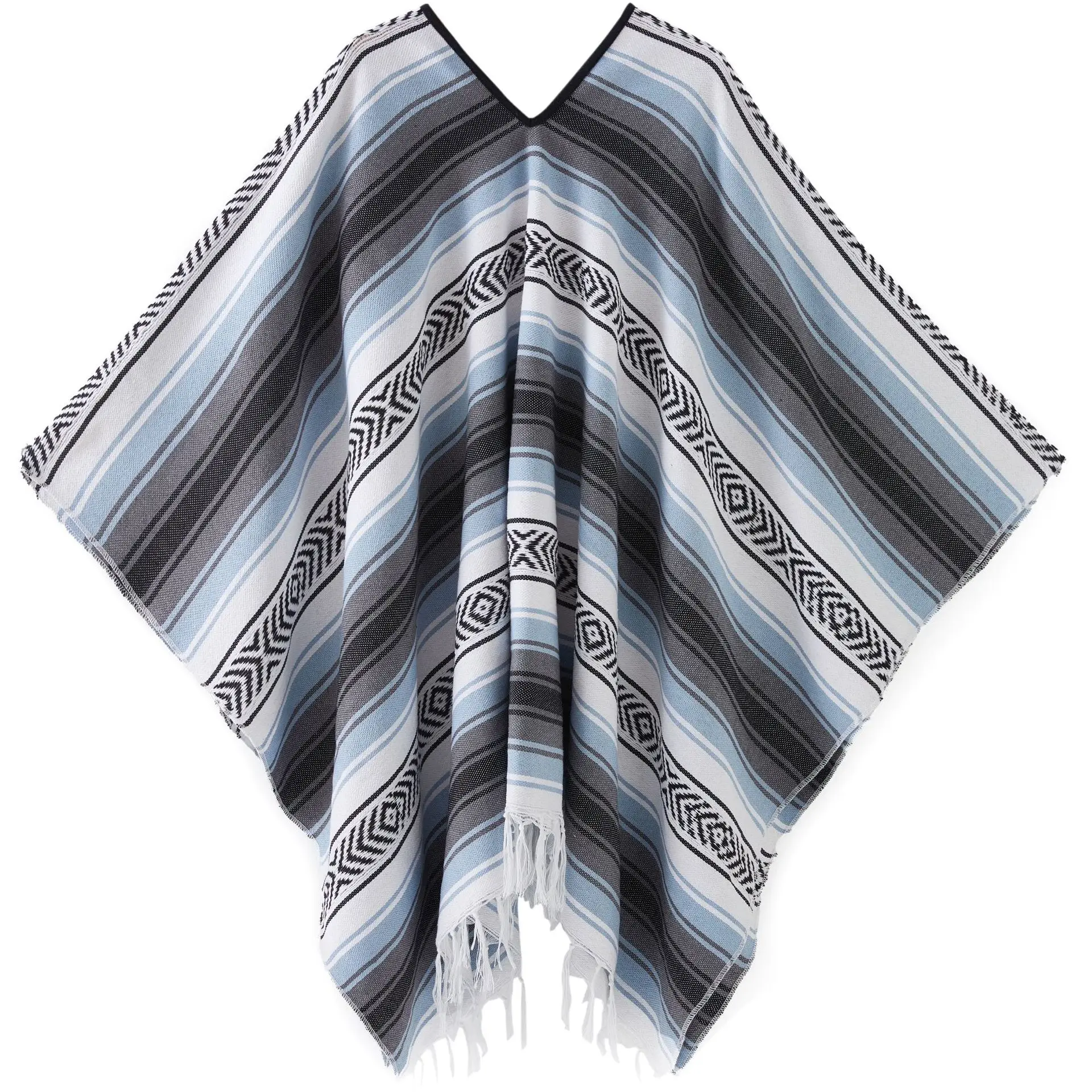 New Mexican geometric fringed style blanket shawl with woven fringes pullover Cape cloak Women Poncho P1