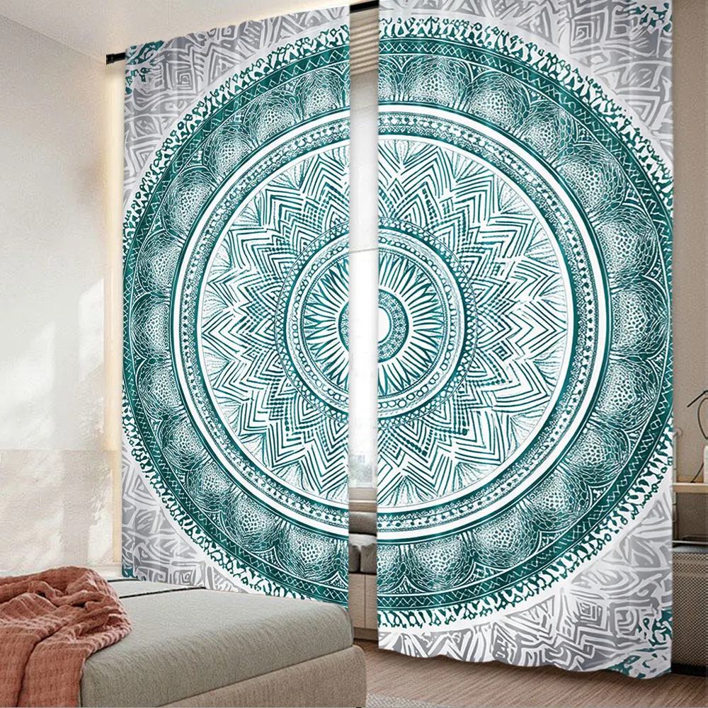 2Pcs Grey And Teal Curtain Ombre Design Space Geometric Center Point Boho For Bedroom Living Room And Dining Room 29.53X65.35In,