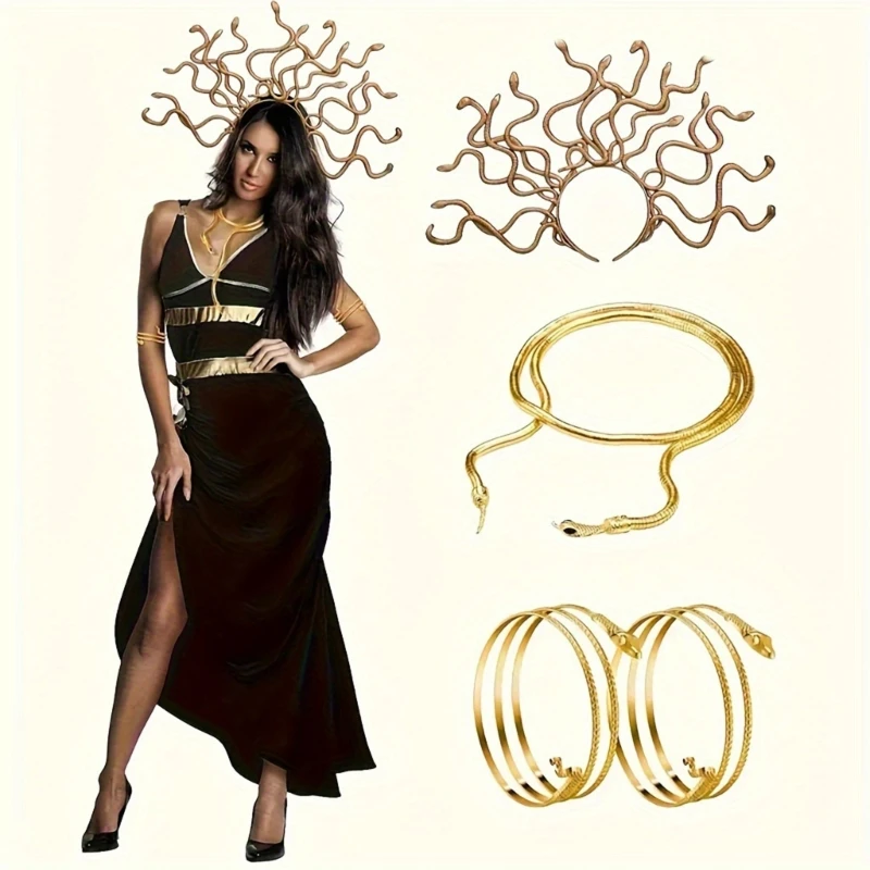 

4Pcs Halloween Medusas Snake Costume Accessories Medusas Headpiece Headband Necklace Upper Arm Cuffs for Women Girls