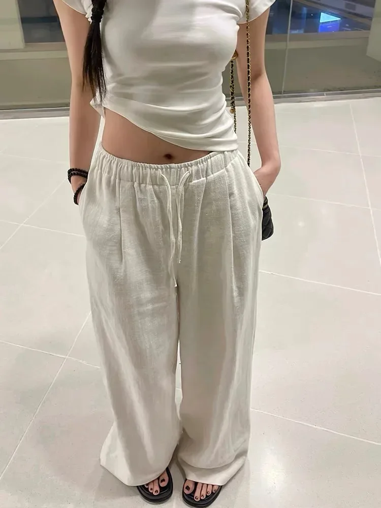 

Wide Leg White Linen Pants Woman Casual Basic Summer 2024 Oversize Female Straight Trousers Baggy Elastic Waist Pants Y2k Pants