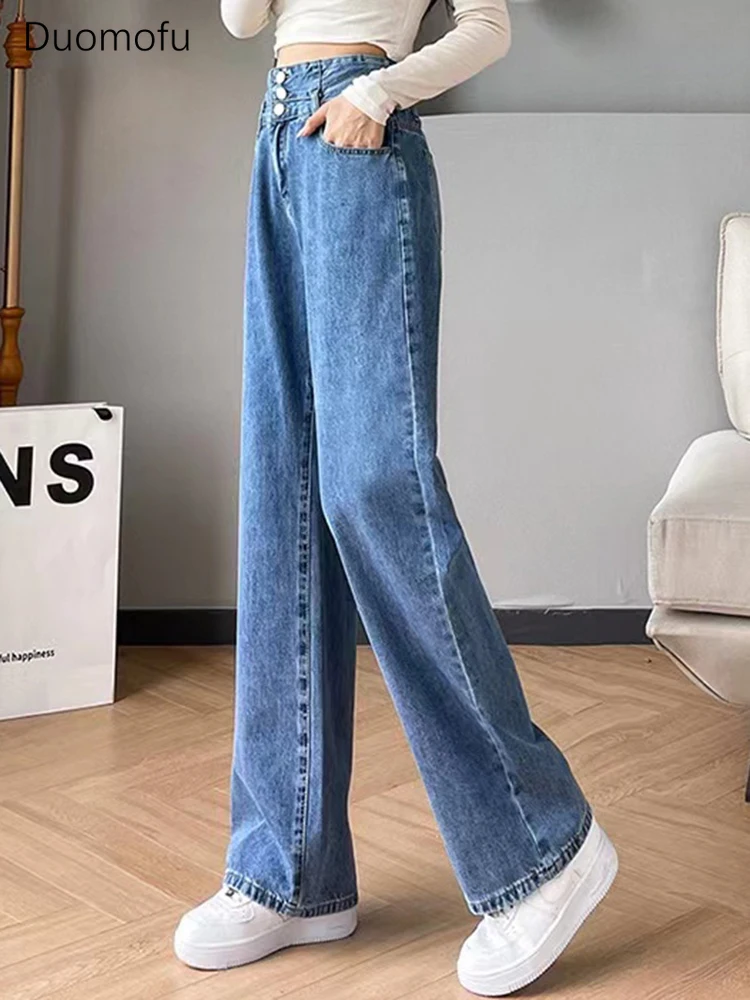 Duomofu Ins High Waist Slim Chic Button Female Jeans Summer Street Full Length Simple Casual Fashion Loose Straight Women Jeans