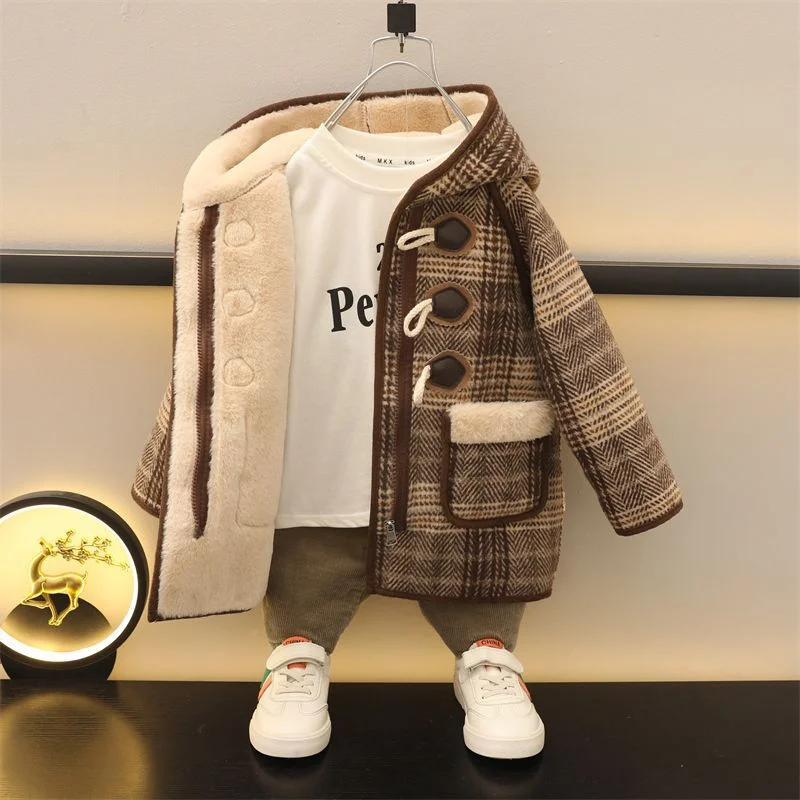 Thicken Boys Woolen Jackets Winter Warm Children Outerwear Kids Hooded Long Wool Overcoat 2024 New Teenager Cotton Clothes 5-12Y