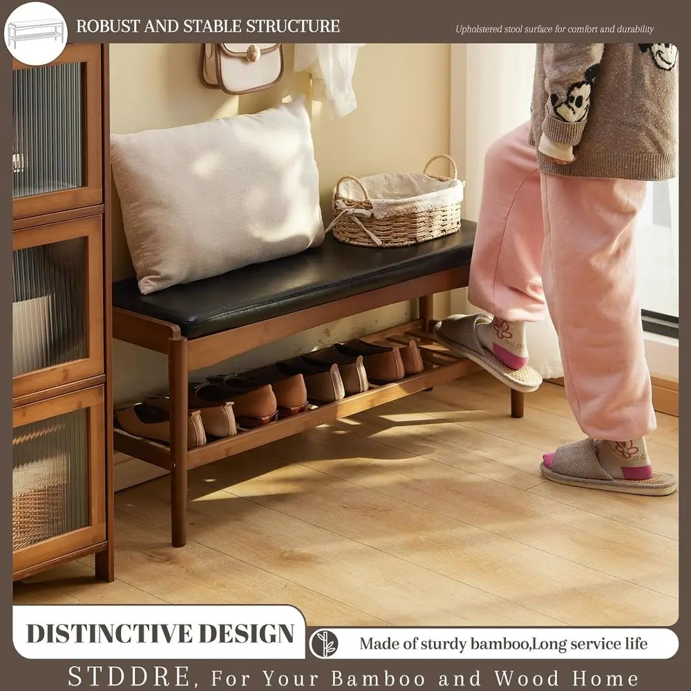 مقعد رف أحذية من الخيزران بطبقتين مع وسادة جلدية للمدخل والممر وغرفة المعيشة وغرفة النوم (قمة سوداء، إطار بني)