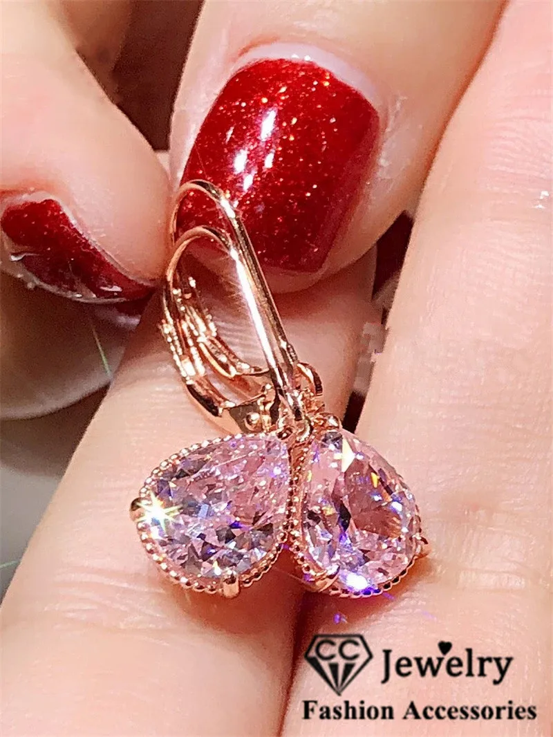 CC Water Drop Earrings For Women Pink Cubic Zirconia Wedding Engagement Jewelry Rose Gold Plated Dangle Earring CCE624