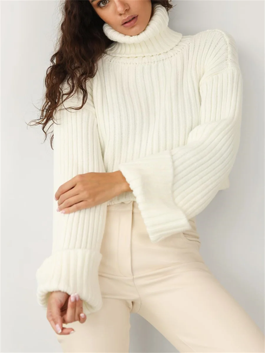 Wsevypo High Neck Stricken Rippen Cropped Pullover Herbst Winter Casual Frauen Langarm Pullover Tops Casual Straße Jumper Tops