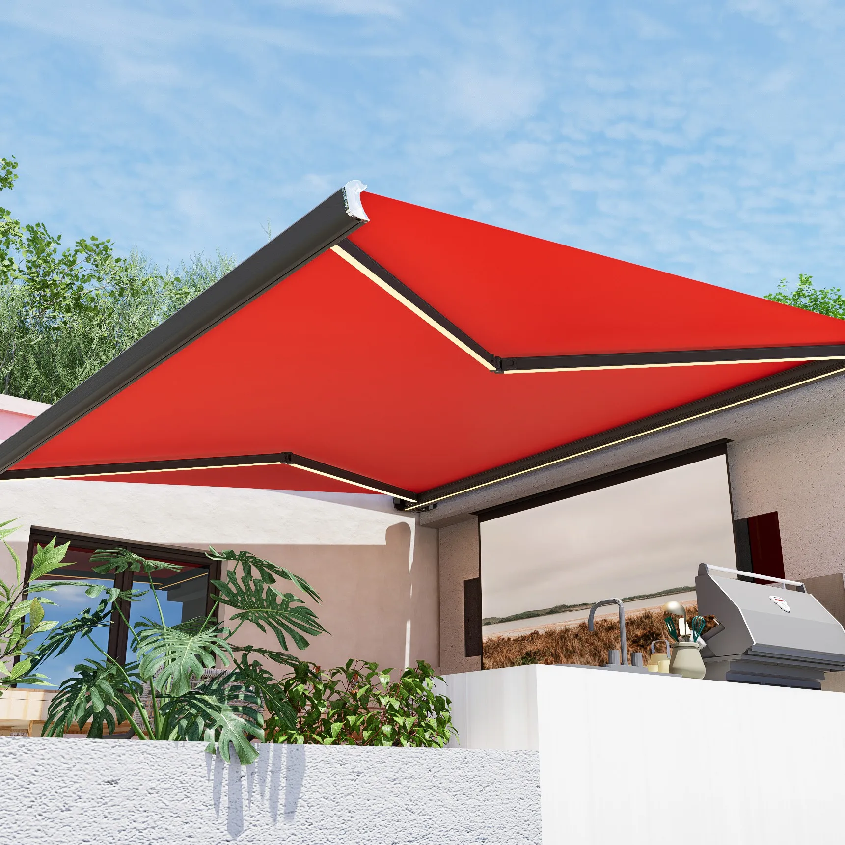 Outdoor Aluminum Alloy Window Awning Shade 3M Full Cassette Retractable Sunshade Remote Control Windproof Patio Coated PVC