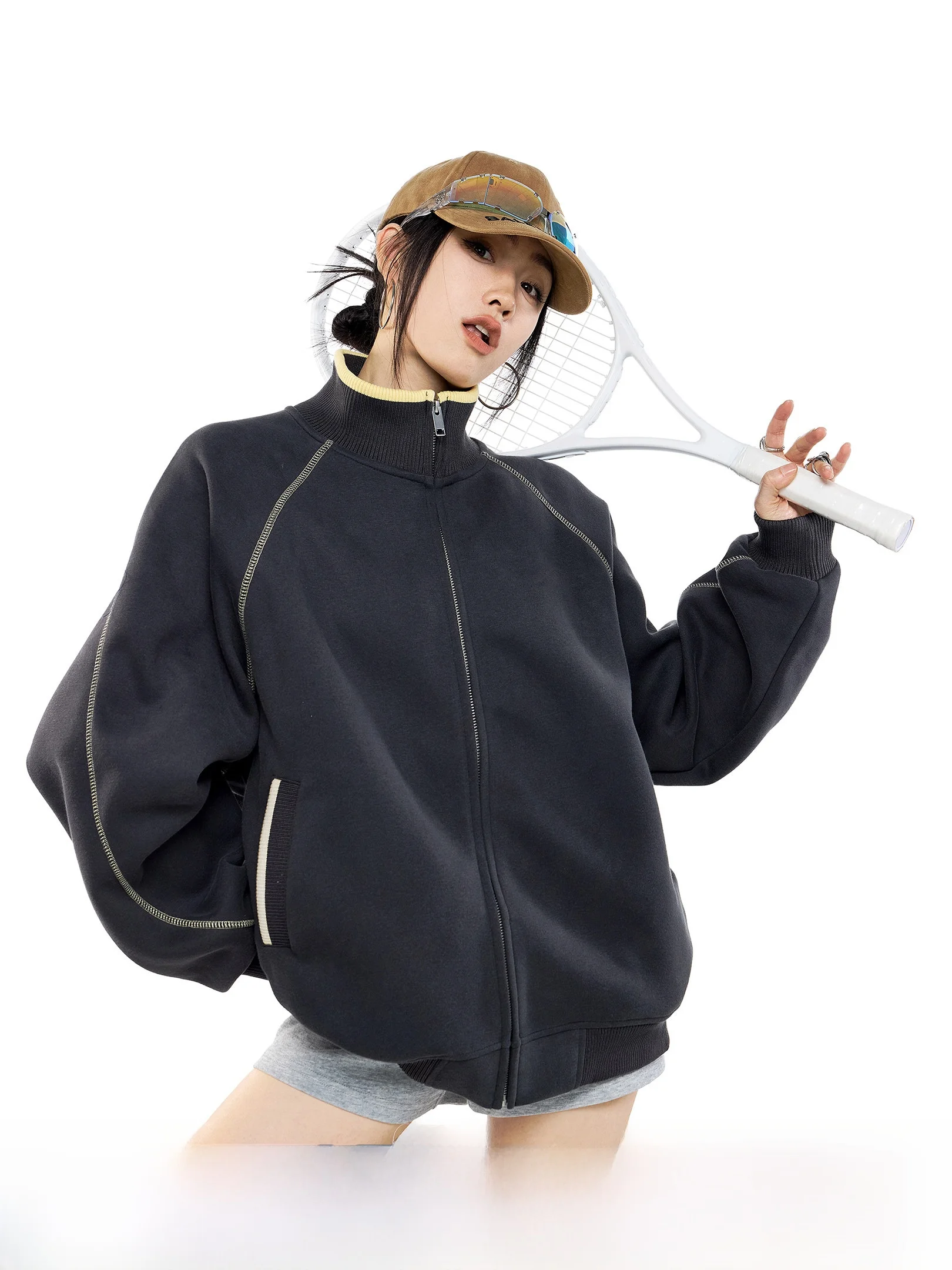 

Ichmode American Sle Hассo Line Sport Jaet Women's Spring New Loose Open Cardigan Zipper Top Ladies Casual Outerwear