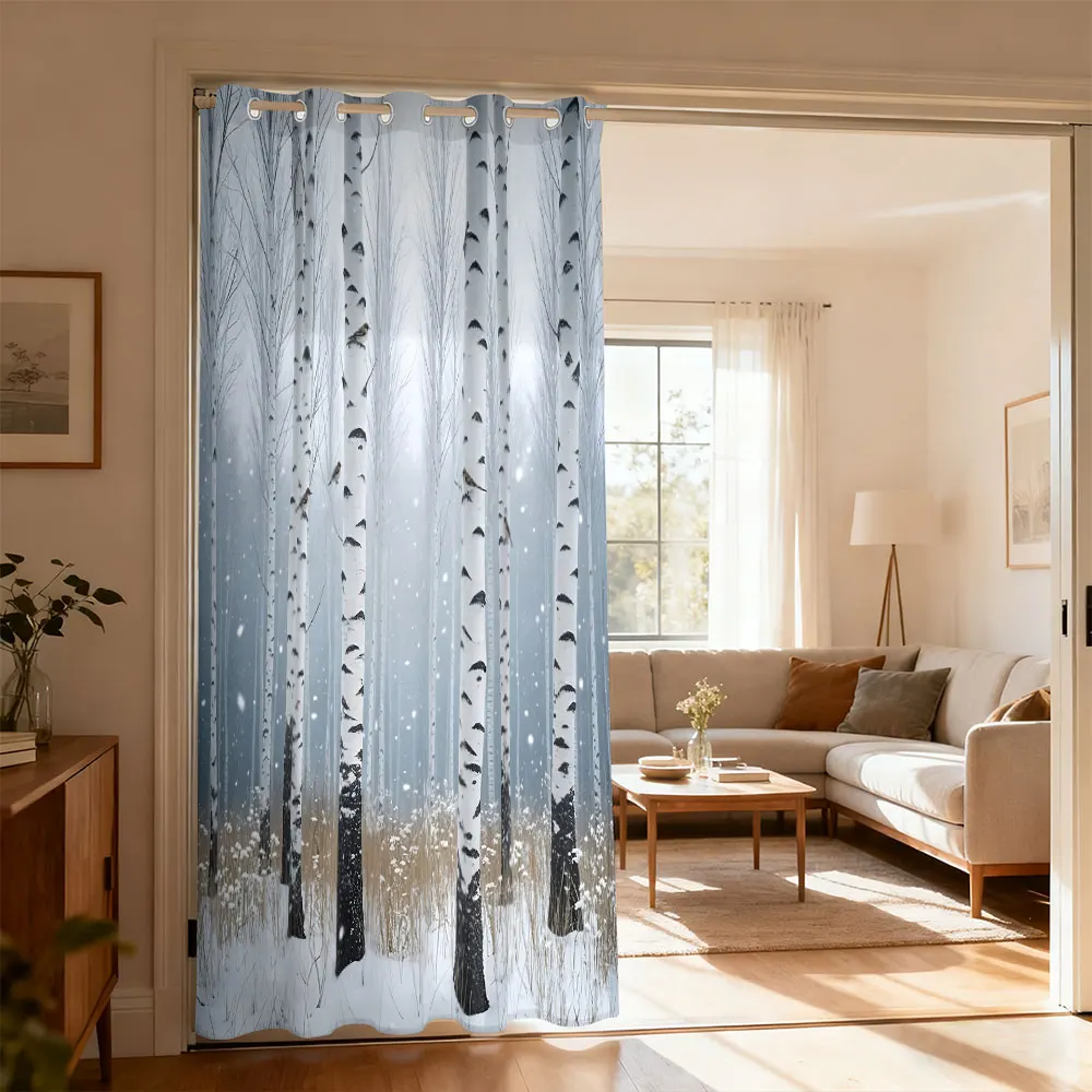 1pc Snowy Night Birch Forest Bird Single-piece Loop Curtain Single-piece Loop Curtain Living Room Bedroom Doors Home Decorati