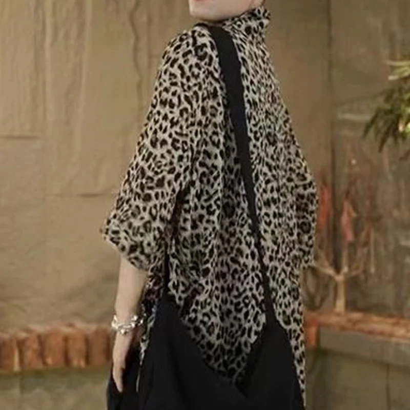 Spring Summer Leopard Loose Casual Shirt Women Turn-down Collar Single Breasted Long Sleeve Blouse Ladies Thin Style Cardigan