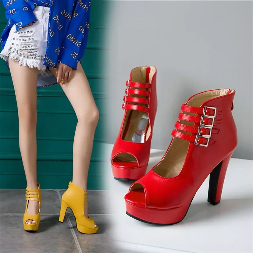 Summer Women  Peep Toe Ankle Boots Red Black High Chunky Heels Party Office Lady Zipper Triple Buckle Gladiator Platform Sandals