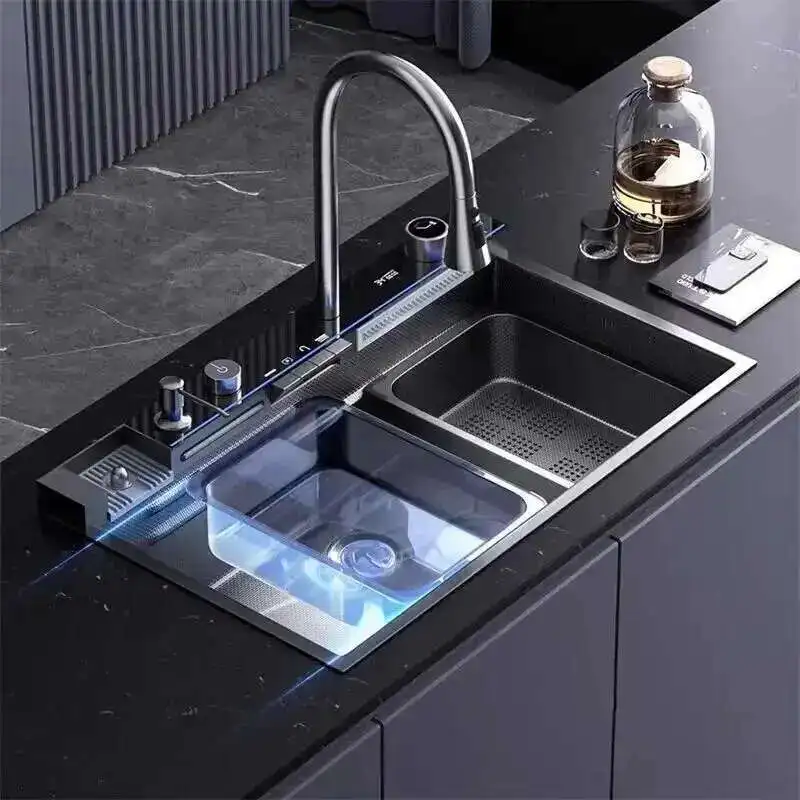 

Thickened 304 Stainless Steel Sink Creative Waterfall Kitchen Sink Large Capacity Single Slot Digital Display Dish Washbasin W