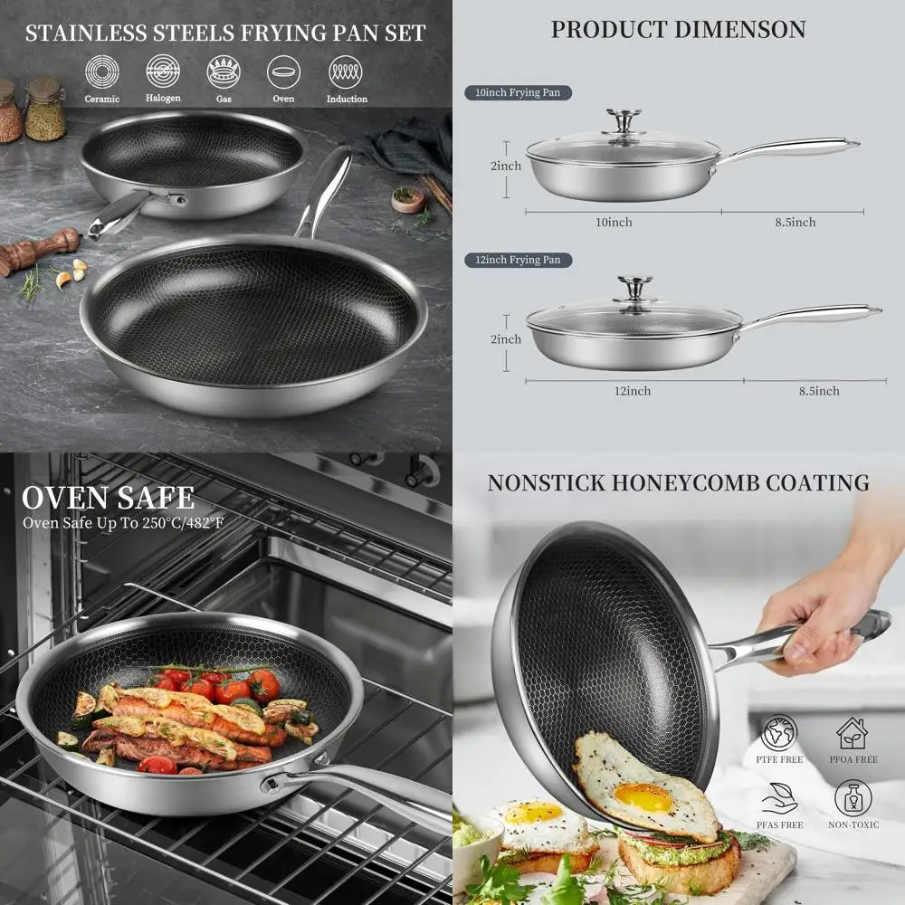 

Набор сковородок из нержавеющей стали с антипригарным покрытием 10 и 12 с крышкой, прохладной ручкой, подходит для индукционных и газовых плит