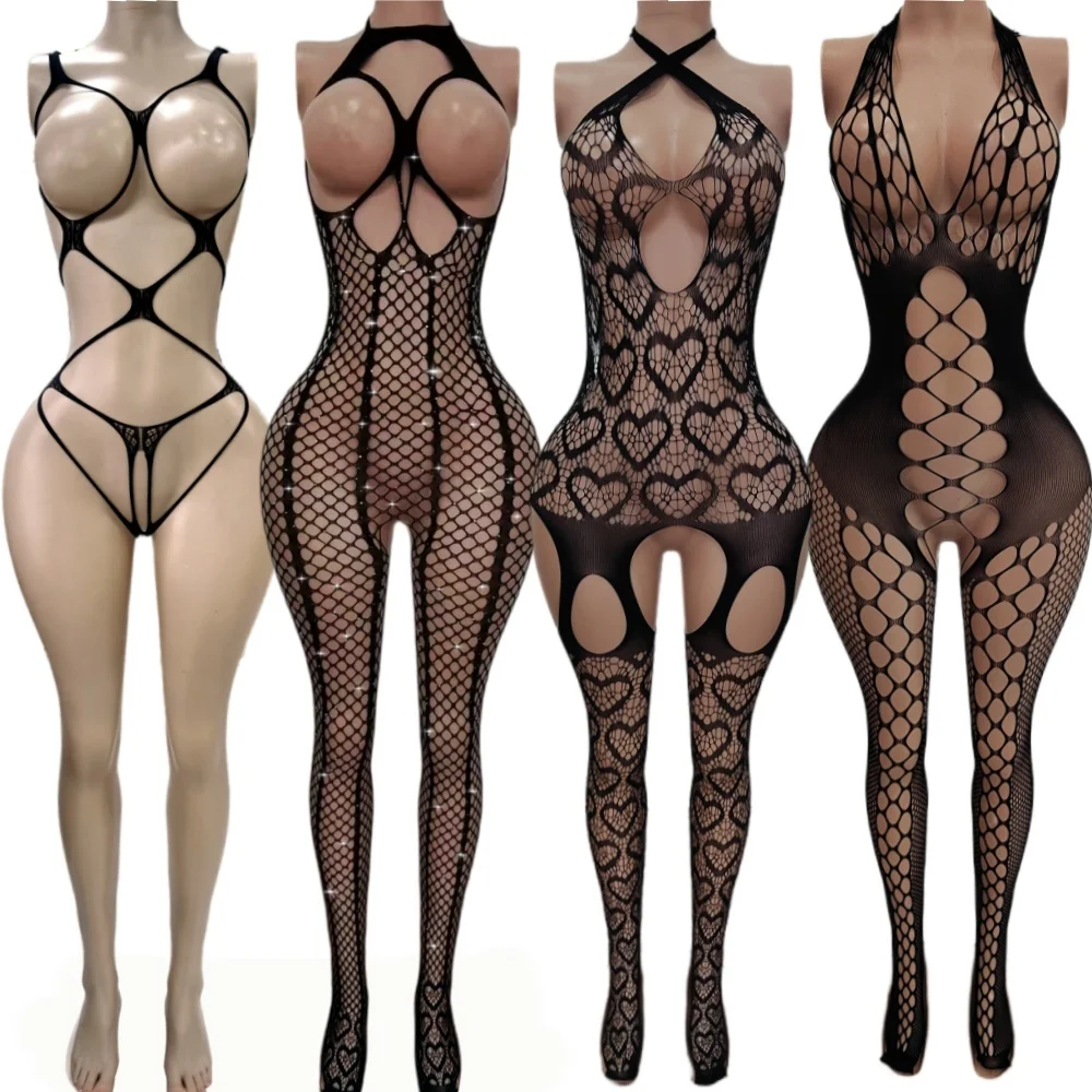 Sexy Lingerie Hot Intimates Hot Hollow Heart Cross Crotchless Fishnet Halter Sheer Bodysuit Sexy Bondage Adult Costume Accessory