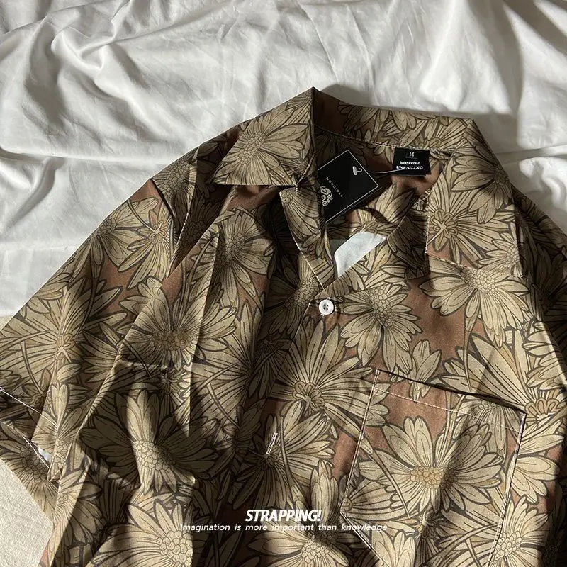 Camisa floral de manga curta para homens e mulheres, camisa girassol de três cores, japonesa e vintage, estilo de Hong Kong, bonito e vintage, coreana e havaiana