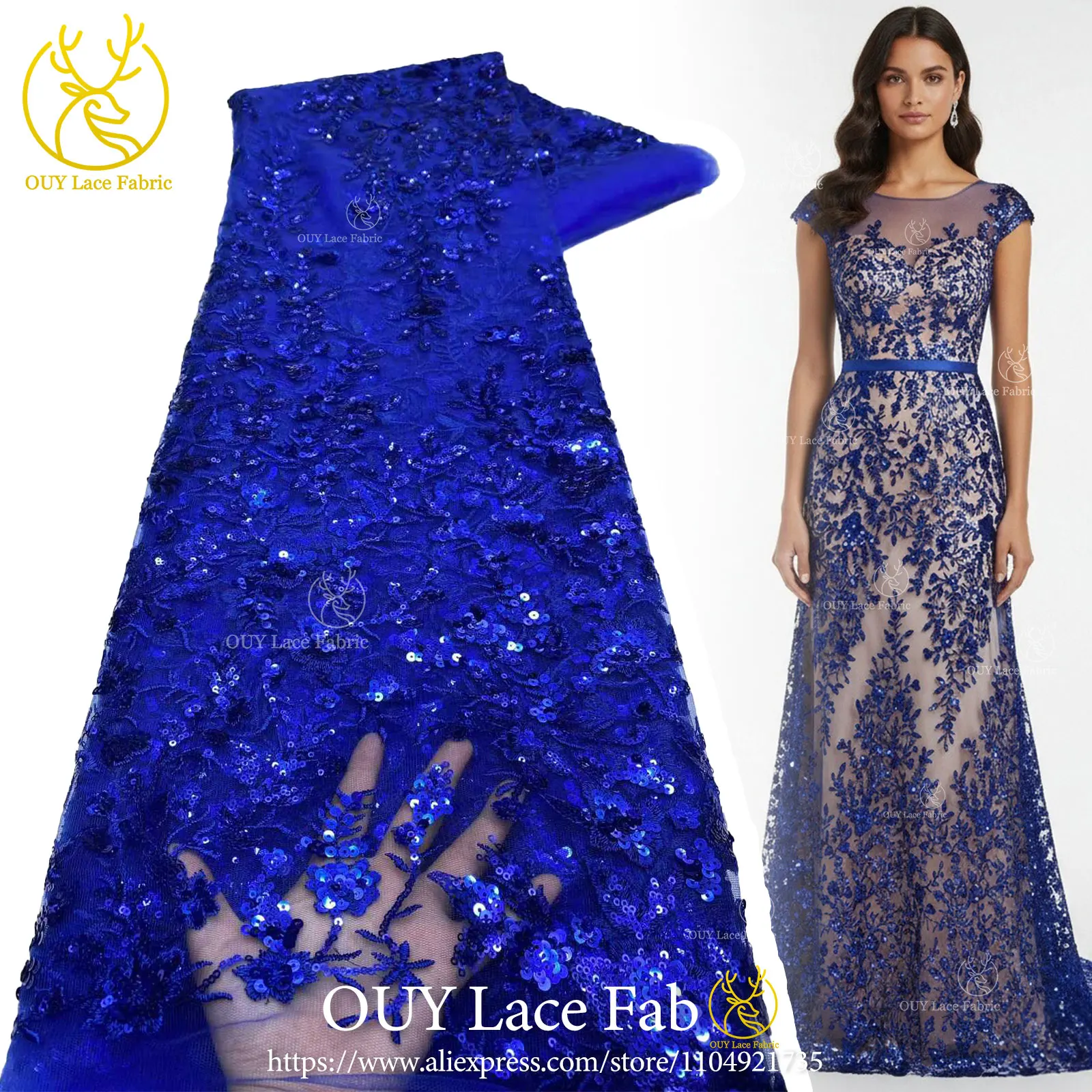 

Royal Blue Exquisite Sequined Embroidered Floral Lace Fabric 2026 Nigerian Tulle Lace Fabric for Party Dresses Sewing Material