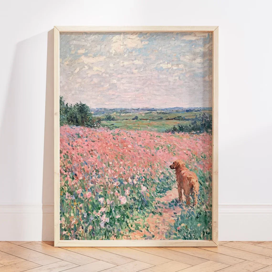Serene Poppy Meadow Dog Wall Art - Timeless Impressionist Print Evoking the Calm of a Summer Day in the Countryside, Blending