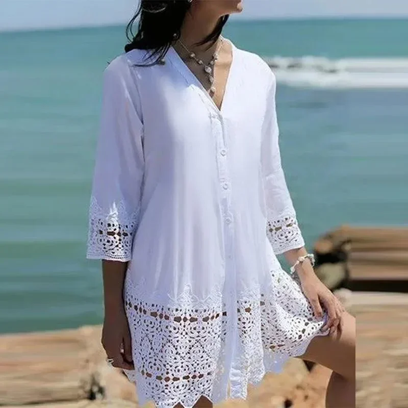 Summer New Women\'s S-3XL Shirt Dress with European and American Hollowed Out Lace Sun Protection Shirt and Beach Skirt