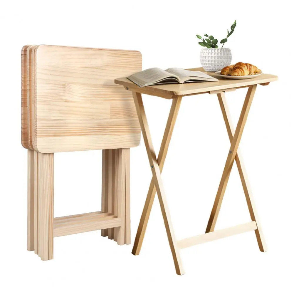 4 Pcs Foldable TV Tray Table,Solid Wood Construction Versatile Snack Table,Space Saving X-Shaped Base Side Table for Small Space