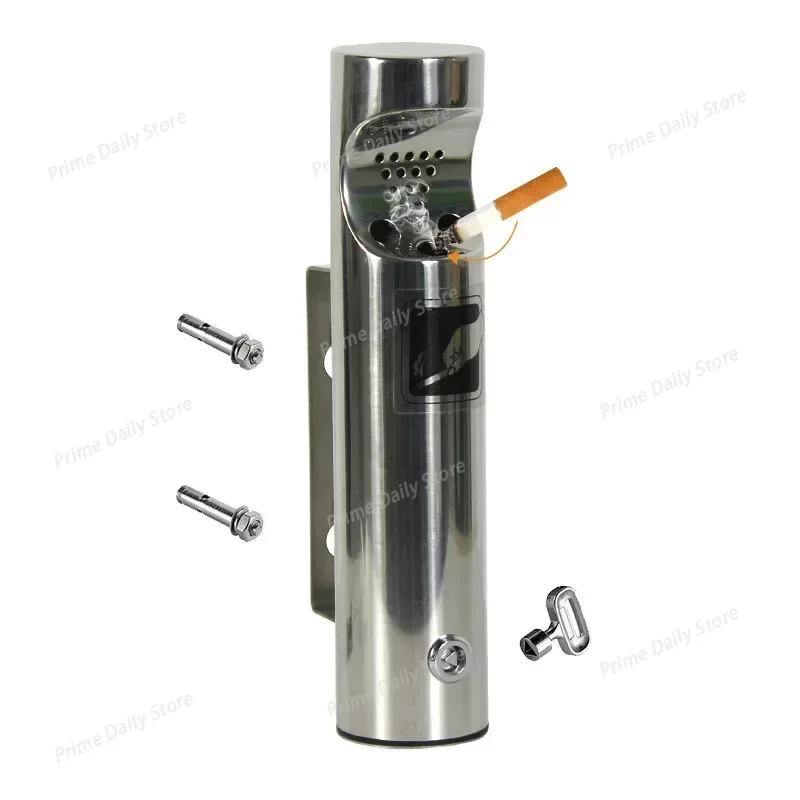 Wall‑Mounted 304 Stainless Steel Ashtray, Commercial Cigarette Butt Bin With Lock, Outdoor Cigarette Disposal Column