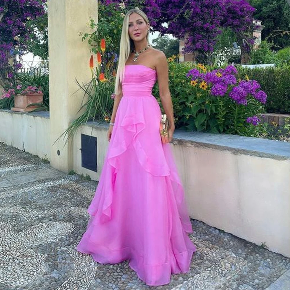 

Bowith Women Pink Evening Dresses Strpless A-Line Tulle Prom Dresses Floor-Length Evening Gown Dresses Special Occasion